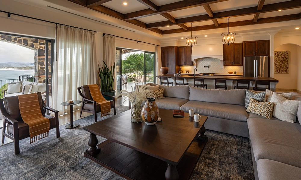 Luxurious living area with ocean view at Rancho Santana Rentals, featuring elegant furnishings and spacious design, perfect for a premium getaway experience.